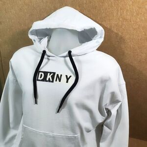 DKNY Womens Cotton Logo Graphic White Long Sleeve Hoodie -C